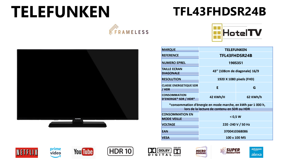 Telefunken - TV Mode Hôtel - SmartTV Full HD 43p