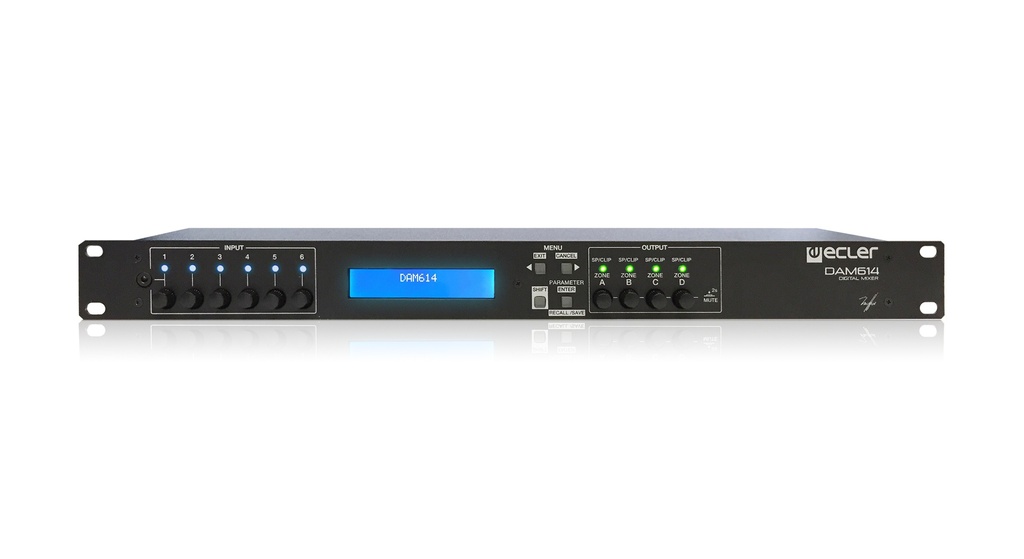 [DAM614] ECLER Matrice audio à 6 entrées et 4 sorties numériques, 6 encodeurs d'entrée + 4 de sortie